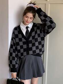 Dazy Kids 少女格纹落肩长袖休闲宽松针织开衫，秋冬 - 灰色 - 查看 3