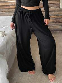 Dazy Plus Plus Size Women Elastic Waist Drawstring Straight Leg Sleepwear Bottoms, Solid Color Lounge Pants, For Fall & Winter