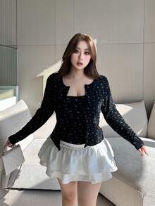 Dazy Plus 2 件大码女式碎花吊带背心和开衫套装，春秋 - 黑色 - 查看 6