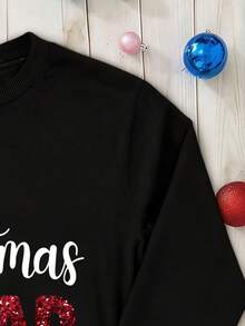EMERY ROSE Fashionable Christmas Shiny English Text Santa Hat Women Drop Shoulder Crew Neck Sweatshirt - Black - View 2