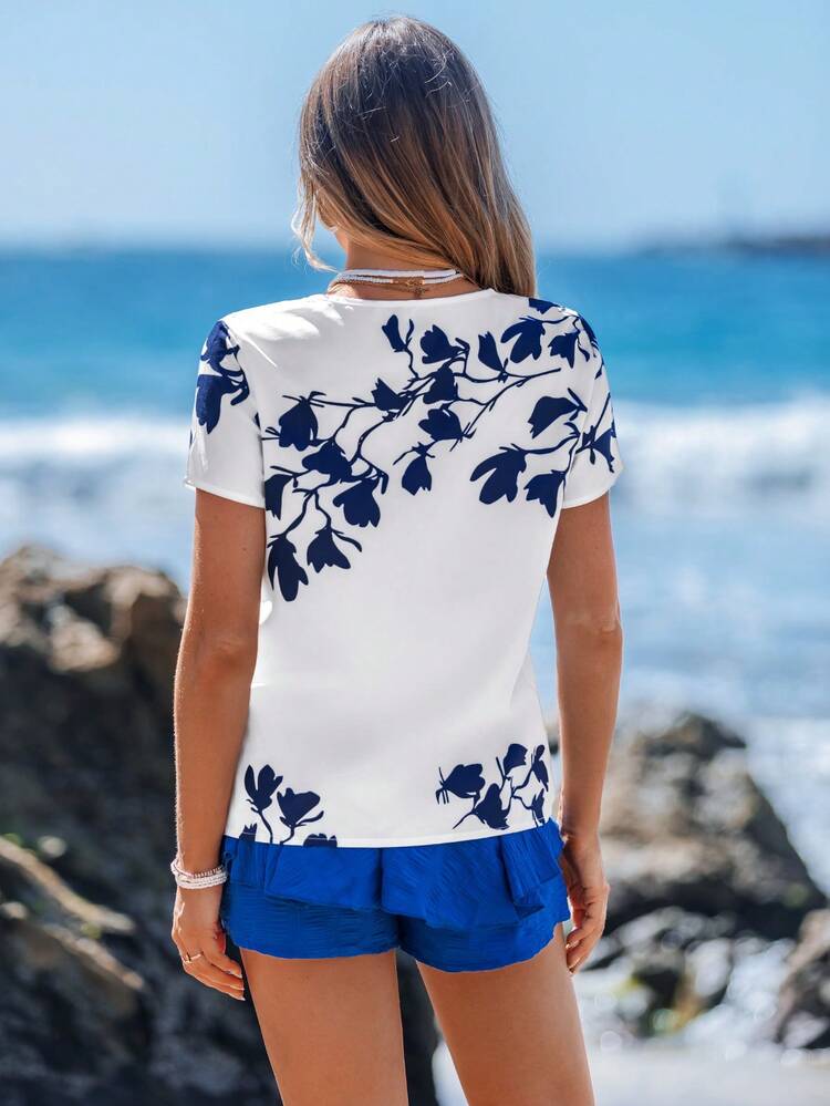 Women's Fashionable Flower Printed Short Sleeve Shirt For Summer