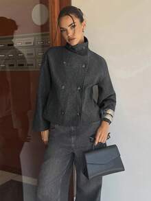 Siren Gaze 女式纯色简约高领长袖大衣，深灰色 - 深灰色 - 查看 6