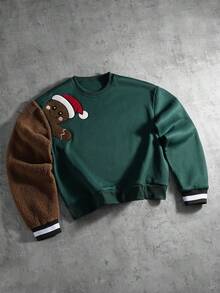 PAVTROS 男士姜饼刺绣圆领长袖休闲抓绒套头衫，秋冬季，圣诞节 - 彩色 - 查看 1