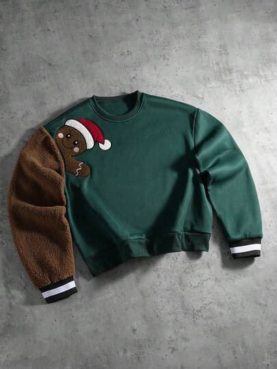 PAVTROS 男士姜饼刺绣圆领长袖休闲抓绒套头衫，秋冬季，圣诞节