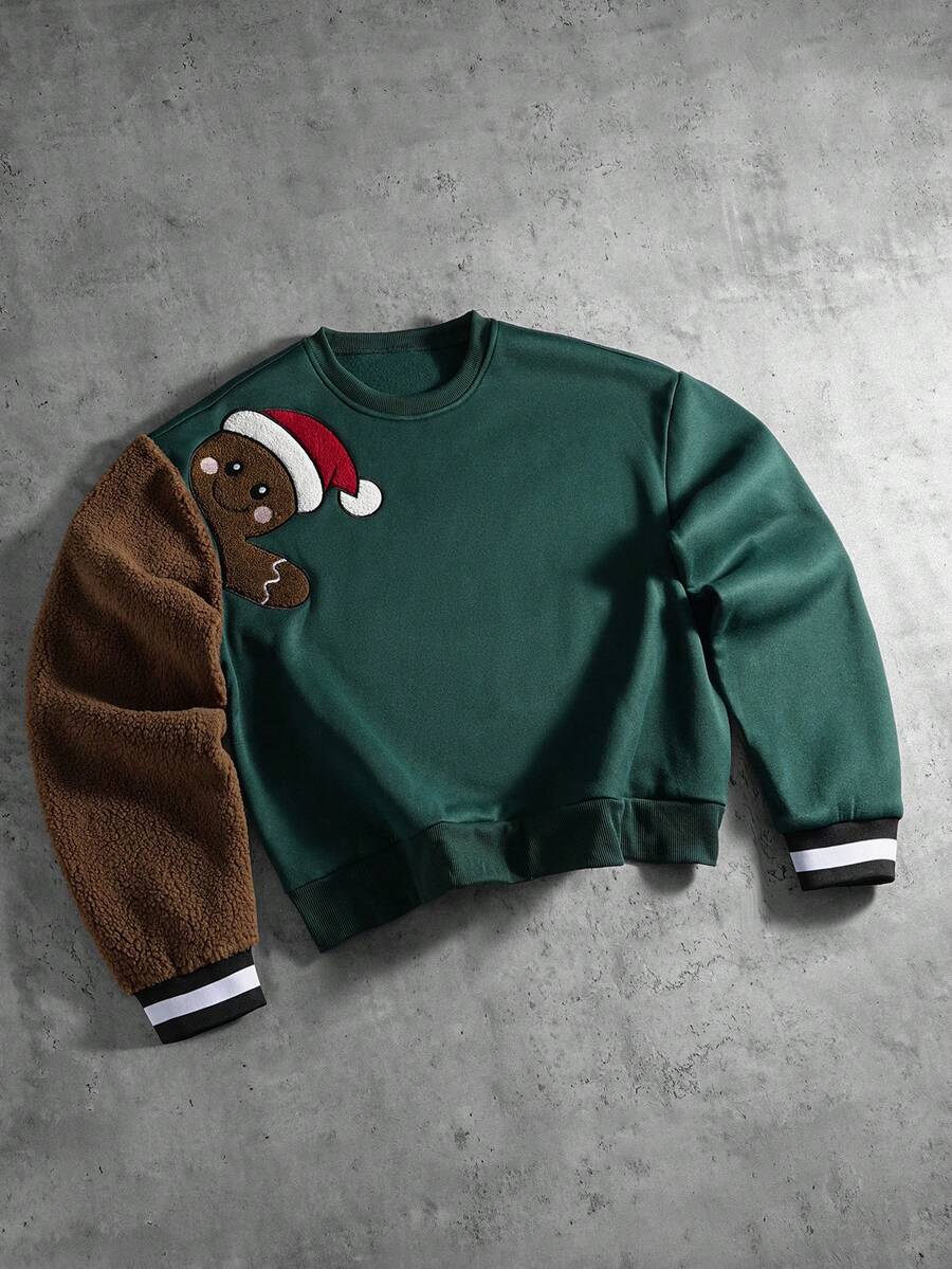 PAVTROS 男士姜饼刺绣圆领长袖休闲抓绒套头衫，秋冬季，圣诞节 - 彩色 - 查看 1