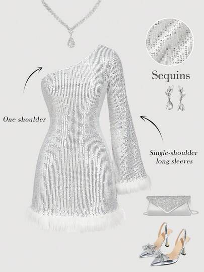 SHEIN MOD Vestido elegante y sexy para mujer, vestido de fiesta de gala con lentejuelas plateadas, vestido mini ajustado con dobladillo con ribete de piel sintética