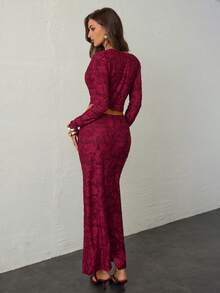 Aloruh Women's Autumn/Winter New Set, Party/Christmas/Halloween Outfit, Burgundy Cutout Fabric Luxurious 2 Pieces Set, Long Sleeve Ruffle Neck Top And Low Waist Mini Skirt Red Two Piece Outfit Women Two Piece Long Skirt Set 2 Piece Lounge Sets Woman Elegant Dress Women Elegant Women's Set Fall Clothes For Women Winter Clothes For Women Winter Clothes For Women
Two Piece Set Women Christmas Outfit For Women Red Skirt Women's Winter Clothes 2 Piece Women's Set - Burgundy - View 2