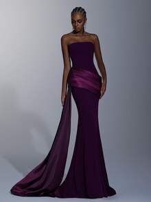 Elitara Elegant, Romantic, Fashionable, Minimalist, Deep Purple, Stretchy Fabric, Satin Patchwork, Stylish, Holiday, Vacation, Birthday Party, Wedding Event, Formal Dinner Dress - Dark Purple - View 6