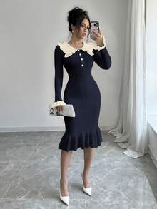 SHEIN Clasi Black & White Contrast Ruffle Hem Knit Dress - Navy Blue - View 4