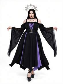 Whyspr Váy dài thắt eo họa tiết chắp vá màu tương phản phong cách Gothic cỡ lớn dành cho nữ - Màu tím hoa cà - Xem 7