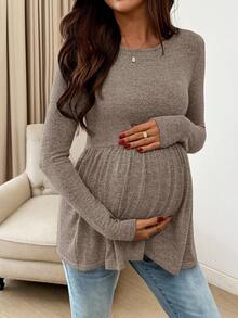 SHEIN Comfortable Khaki Maternity T-Shirt Long Sleeve Round Neck Knitted Flared Long Top - Khaki - View 5
