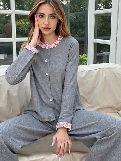 Sparklyn 少女荷叶边长袖睡衣套装，甜美舒适，春秋冬荷叶边长袖睡衣套装