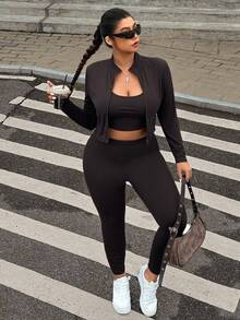 SHEIN EZwear Bộ đồ tập yoga 3 món cỡ lớn màu đen: Áo vest, áo khoác và quần, co giãn và nhẹ - màu nâu - Xem 5