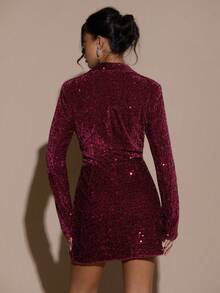 SHEIN BAE 女式纯色长袖束腰优雅连衣裙 - 酒紅色 - 查看 2