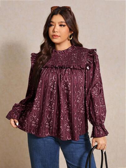 Elaquor Cămașă cu mânecă lungă, cu imprimeu integral, mărime plus, toamnă