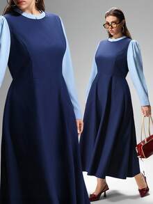 LYSMO Plus Size 2 In 1 Contrast Color A-Line Long Casual Dress Dress Modest Blue Elegant Dress Women - Blue - View 3