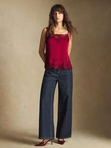 BizChic 2025 Nuova Blusa Asimmetrica in Raso con Patchwork in Pizzo e Spalline Regolabili, Elegante e Chic per Ufficio, Versatile per Occasioni Formali, Feste, Spiaggia, Matrimoni e Vacanze