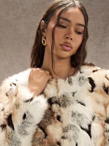 SHEIN Glamour 米色尖领短款狐狸夹克 - 棕色 - 查看 3