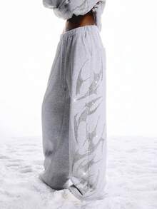 LYSMO 2025新款女士极简主义冬季休闲日常灰色水钻抽绳腰阔腿保暖闪亮运动裤，适合外出、街头风冬季穿搭、秋冬圣诞派对新年造型，亮片闪耀长裤 - 淺灰色 - 查看 1