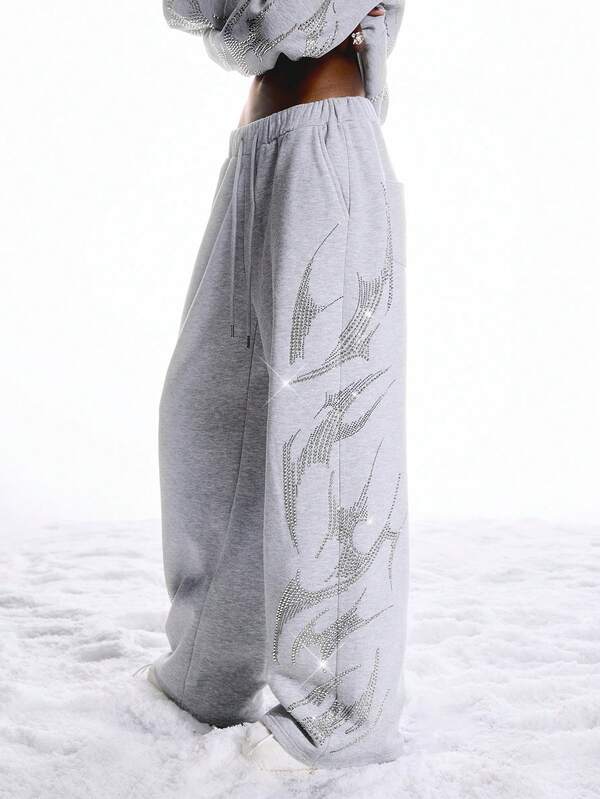 LYSMO Damen Lässig Alltags Strass Kordelzug Taille Weite Bein Jogginghose