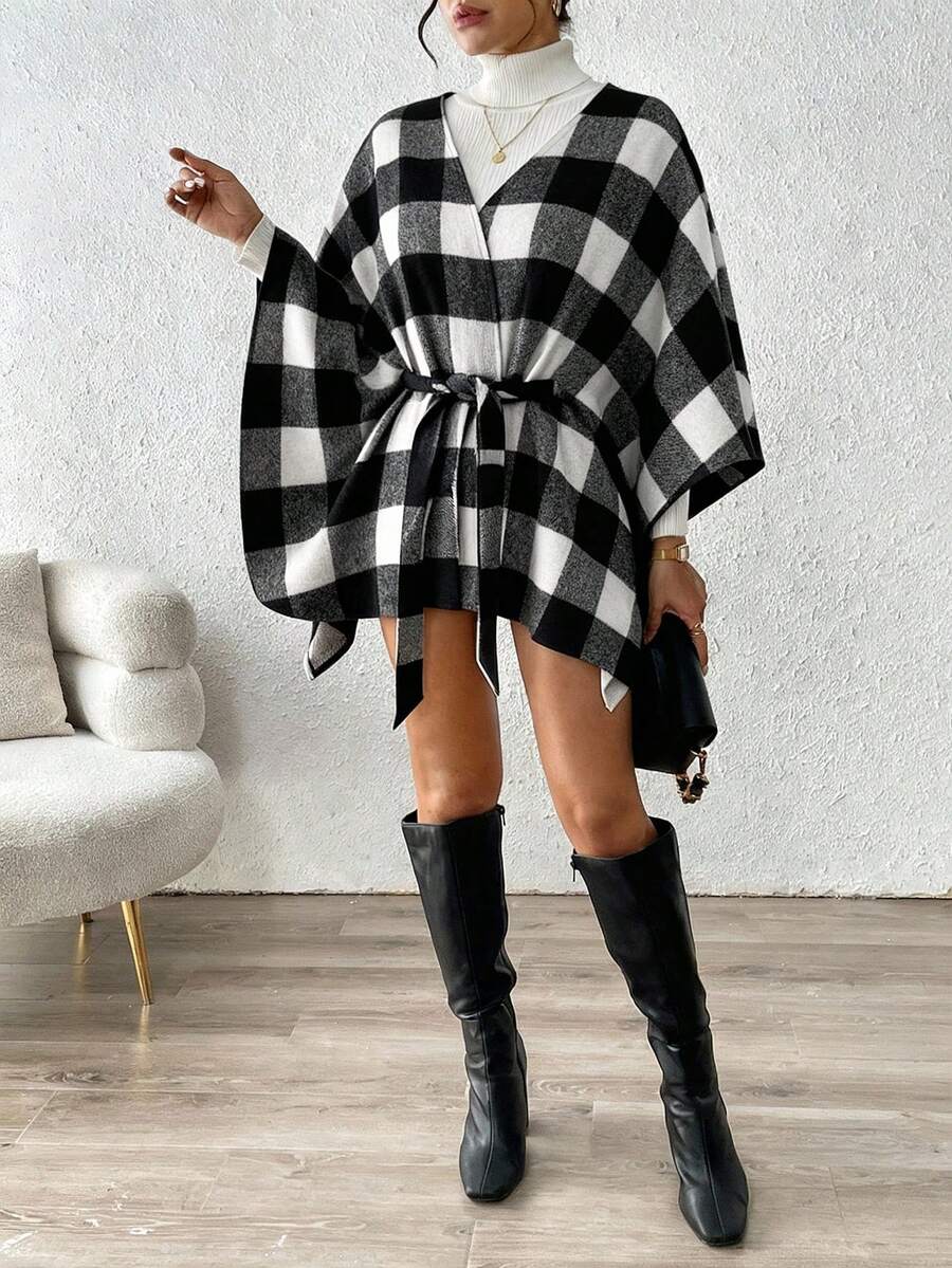 Rafferiza Fashionable Casual Versatile Plaid Thin Cover Up For Women, Autumn/Winter - Black and White - View 1