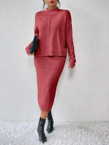 RosyDaze 女式纯色简约日常长袖上衣和裙子针织两件套，休闲 - 西瓜粉 - 查看 5