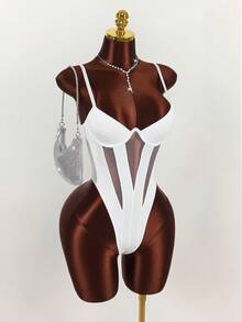 Y2K Amplova Women's Solid Color Minimalist Casual Bodysuit, Autumn/Winter Thanksgiving And New Year Party Dress - White - View 6