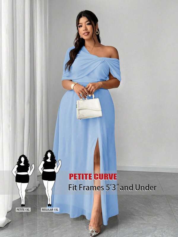 SHEIN PETITE CURVE 大码女式优雅浪漫婚礼宾客礼服，轻盈正式礼服，雪纺单肩开衩连衣裙