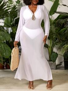 Swim SXY Áo choàng bó sát cổ chữ V màu trơn cỡ lớn dành cho nữ - trắng - Xem 1