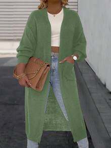 SHEIN LUNE Plus Size Women Solid Color Drop Shoulder Long Sleeve Pocket Design Casual Long Knitted Cardigan, Autumn/Winter - Mint Green - View 1
