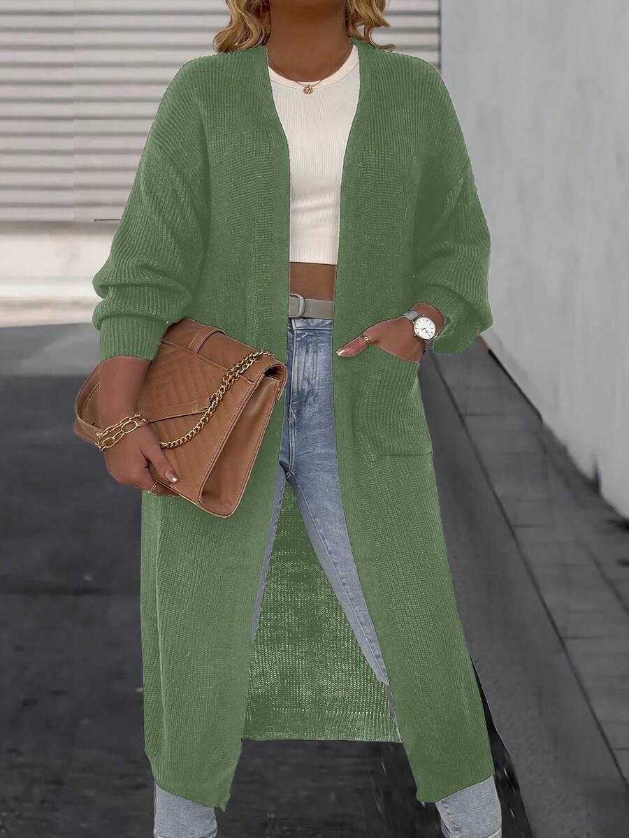 SHEIN LUNE Plus Size Women Solid Color Drop Shoulder Long Sleeve Pocket Design Casual Long Knitted Cardigan, Autumn/Winter - Mint Green - View 1