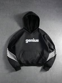 Manfinity Roghcode sweat-shirt à capuche casual pour hommes avec patchwork, rayures et graphique lettrage sur poche, sweat-shirt à capuche gothique graphique noir automnal à manches longues - Noir - Voir 3