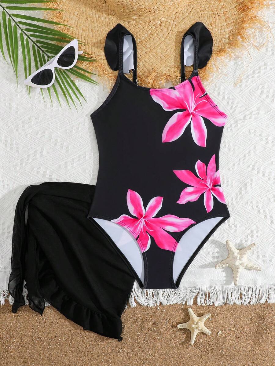 SHEIN Tween Girls Floral Print One-Piece Swimsuit With Tie-Front Skirt Hibiscus Swimsuit Girls Black With Pink Flower Swimsuit Tween Hawaiian Outfit Black One Piece Bathing Suit With Skirt - Black - View 1