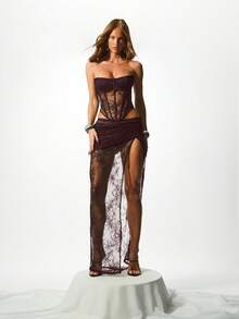 KIZN Lace Maxi Skirt With Dramatic Side Slit And Sheer Overlay For Evening Party Occasions - Chocolate Brown - View 4