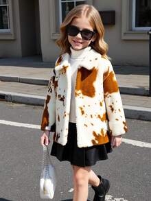 Elladie kids 1 件年轻女孩冬季人造皮草大衣，蓬松奶牛图案复古优雅奢华百搭保暖外套 - 彩色 - 查看 3