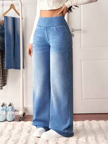 SHEIN Tall Quần jean ống rộng cạp cao, dáng rộng, thường ngày cho nữ - Màu xanh lam - Xem 15