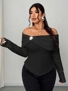 Franclia 女款優雅黑色秋季針織毛衣，正式晚裝露肩披肩領金屬水鑽裝飾百褶修身大尺碼上衣 - 黑色 - 查看 3