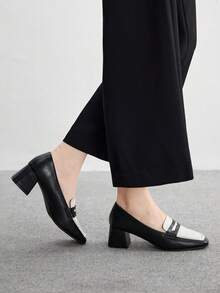CUCCOO BIZCHIC 女士方头粗跟乐福鞋，百搭时尚，适合通勤 - 黑與白 - 查看 4