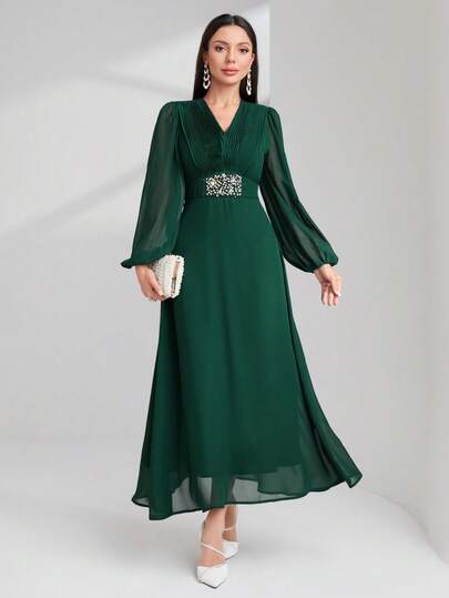 Modelyn 水钻细节灯笼袖水钻细节连衣裙长款晚礼服