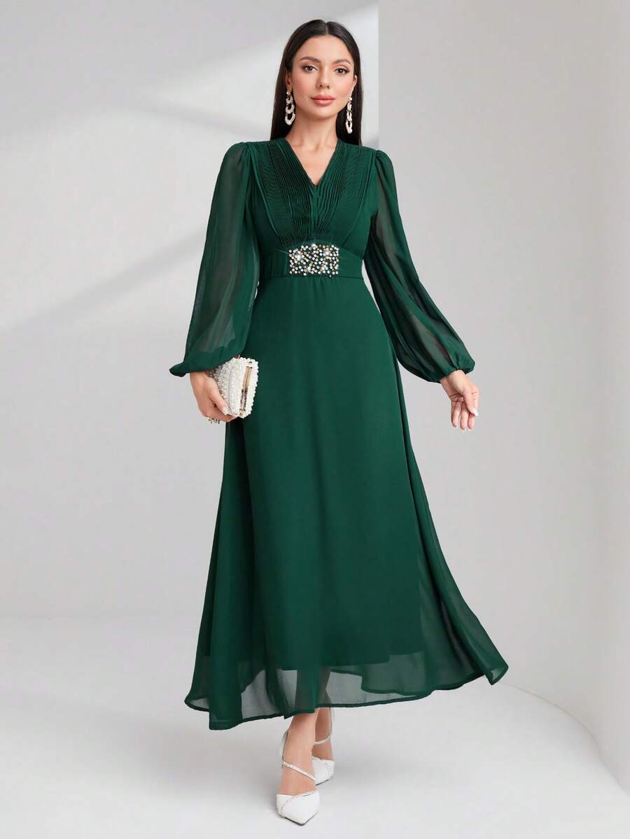 Modelyn Rhinestone Detail Lantern Sleeve Rhinestone Detail Dress Long Evening Dresses - Dark Green - View 1