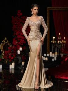 Glamrae 优雅奢华串珠亮片拼接弹力针织泳衣，透明长袖，性感开衩鱼尾裙，适合婚礼、派对、度假、庆典、晚礼服（大量装饰） - 香檳色 - 查看 2