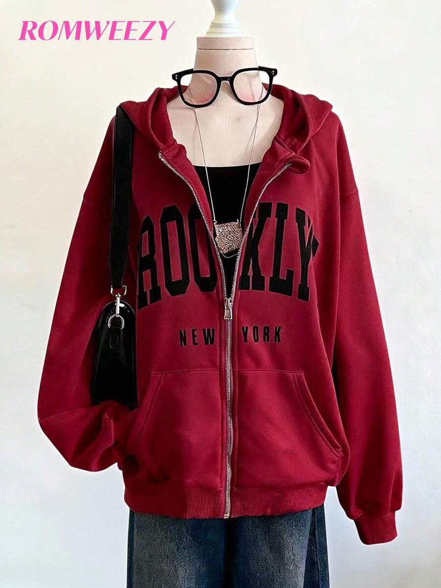 1pc Teen GirlCasual Minimalist Letter Print Pocket Zip-Up Sweatshirt Jacket, Simple Streetwear Style, Essential For Autumn/Winter - Burgundy - View 1