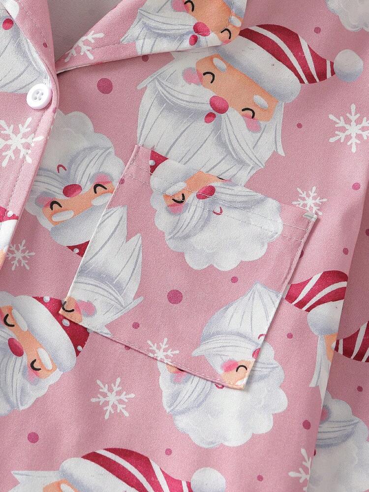 Tween Girls Christmas Themed Pajamas Set, Featuring Santa Claus & Snowflake All-Over Print, Flame Retardant, Elegant & Comfortable Long Sleeve Top & Pants, 2pcs, Holiday Gift - Pink - View 4