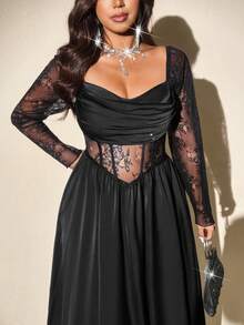 Viva Relle 大码女式垂坠领长袖缎面蕾丝拼布镂空中长款 A 字黑腰连衣裙，优雅复古休闲派对长裙 - 黑色 - 查看 8