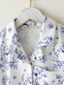 SHEIN 女童休闲兔子印花全拉链连帽衫和裤子两件套家居服套装 - 藍白色 - 查看 4