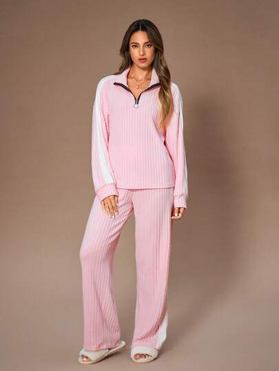 Lazeform Women's Casual Color Block Patchwork Half Zip Collar Long Sleeve Top And Wide Leg Pants Loungewear Set Pajama Pink Lounge Set Knit Pajama Set Pink Pj Set, Winter Clothes