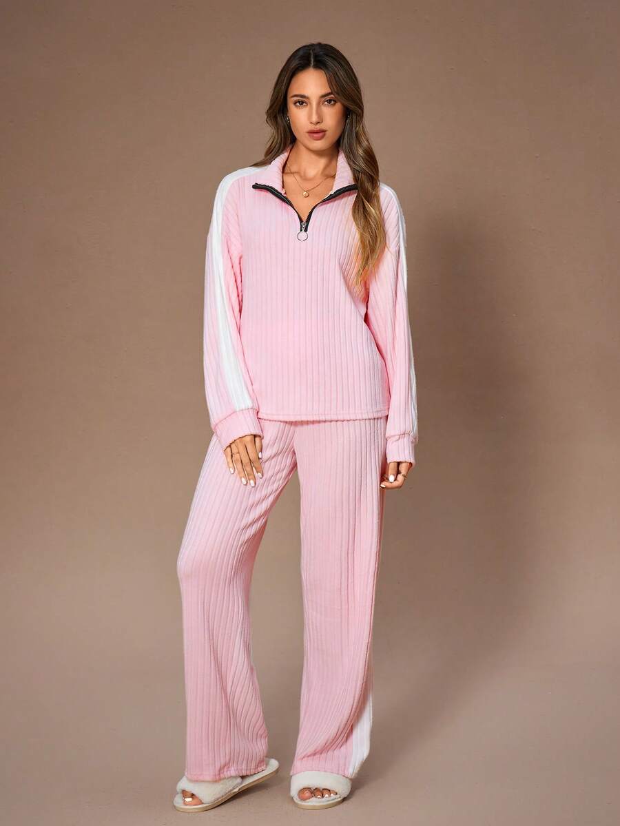 Lazeform 女士休闲撞色拼接半拉链领长袖上衣和阔腿裤家居服套装 粉色针织睡衣套装 粉色睡衣套装，冬季服装 - 粉色 - 查看 1