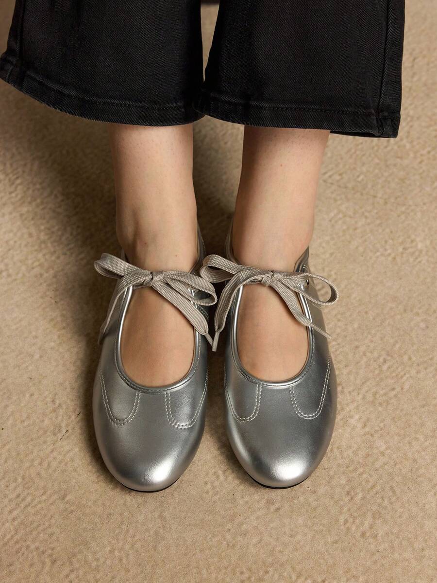 Rosivie 女士新款黑色圆头平底鞋，弹力皮革时尚芭蕾平底鞋，舒适防滑外底，适合户外、日常通勤、春夏季 - 銀色 - 查看 1