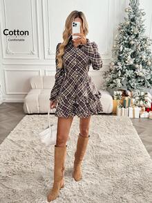 Easowa Autumn/Winter Fashion Plaid Mini Dress For Women, Lantern Sleeve, V-Neck Waist, Layered Ruffle Hem, Bow Back, Half-Placket Shirt Dress Christmas Clothes Winter Women Clothes Women Long Sleeve Dress Checkered Dress Plaid Dress Women Ruffle Hem Dress Button Up Dress