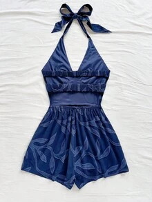 Soleia 女士度假棕色柳条纹理 V 领露背系带蝴蝶结开襟连体衣，适合海滩、音乐节、嬉皮士、派对、约会、下午茶 - 藏蓝色 - 查看 2